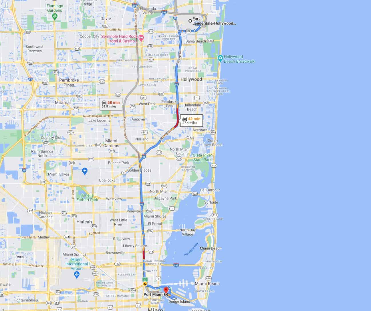 Ruta del aeropuerto de Fort Lauderdale al puerto de Miami