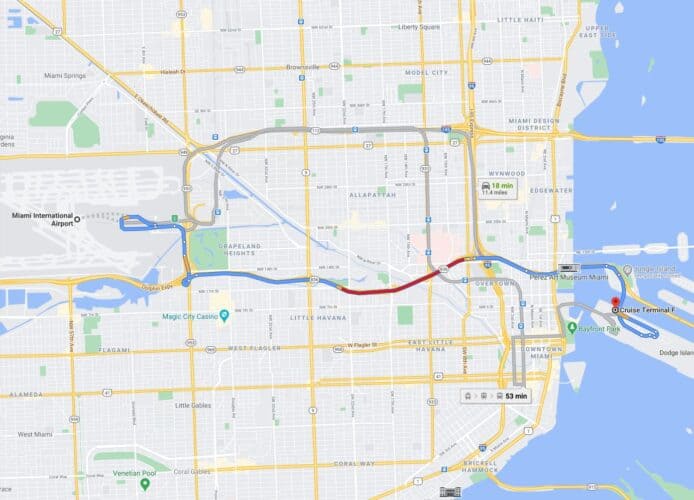 Ruta desde el aeropuerto de Miami hasta el puerto de cruceros